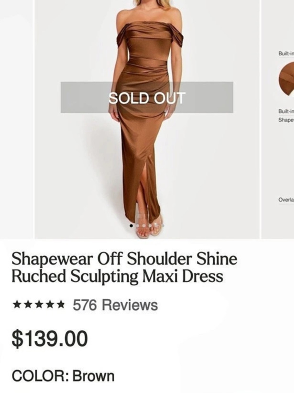 Popilush Shapewear Off Shoulder Shine Ruched Sculpting Maxi Dress Brown